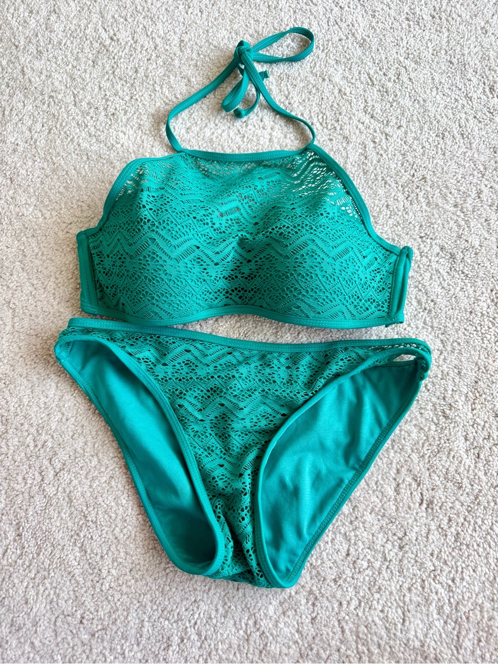 Teal Crochet High Neck Bikini Set